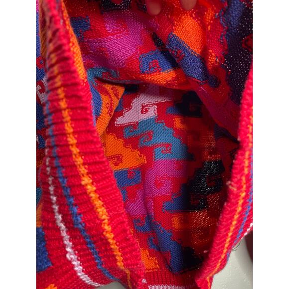 Vintage Amerindia Handmade in Bolivia Knit Sweater Red Pink Blue Orange Size L - Picture 5 of 7